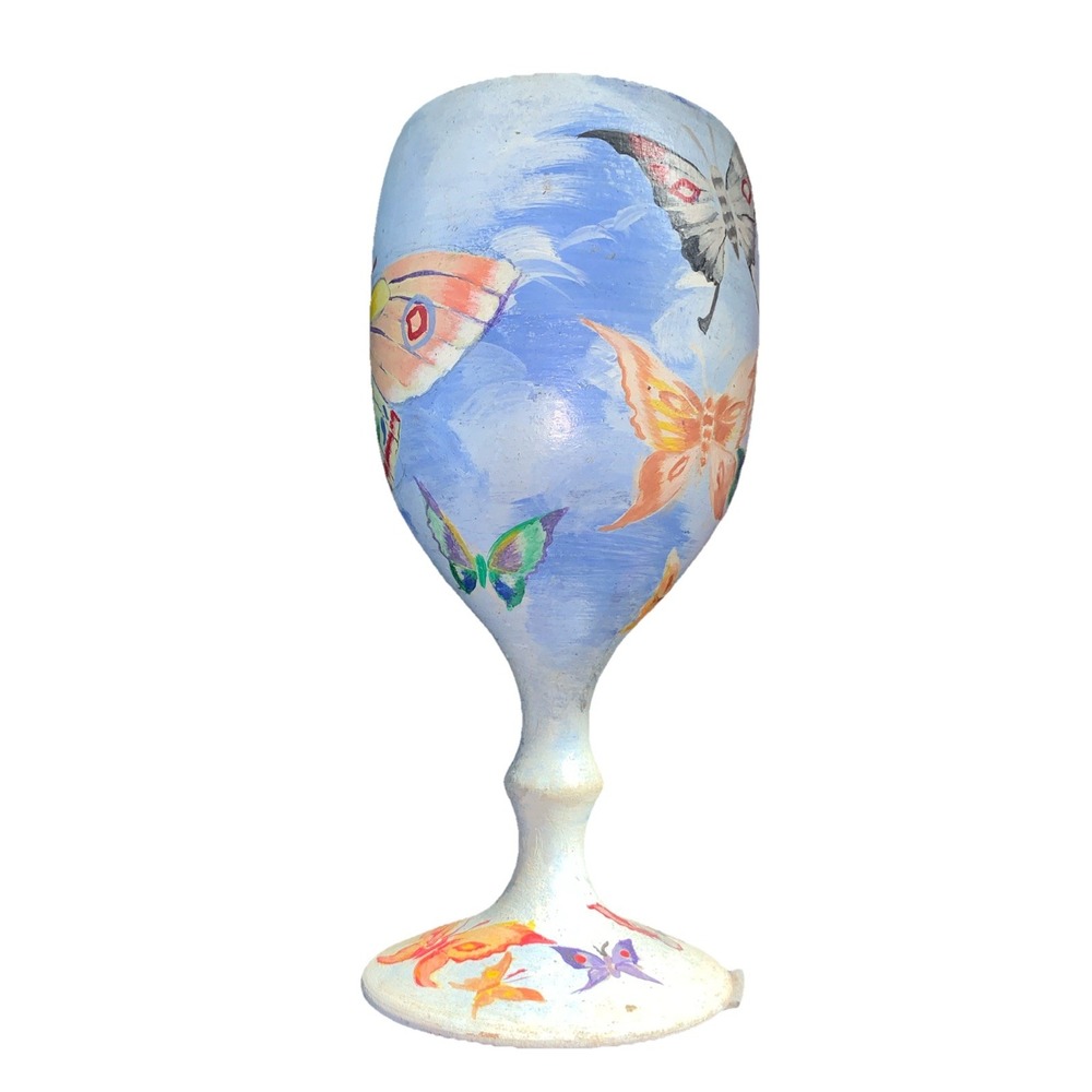 Vintage Wood Hand painted Wine Glass Goblet Butterfly New Zealand